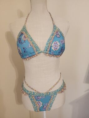 Turquoise Paisley Triangle Bikini with Yellow Trim
